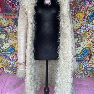 Women's Cream Faux Shearling Teddy Coat with Fur Trim